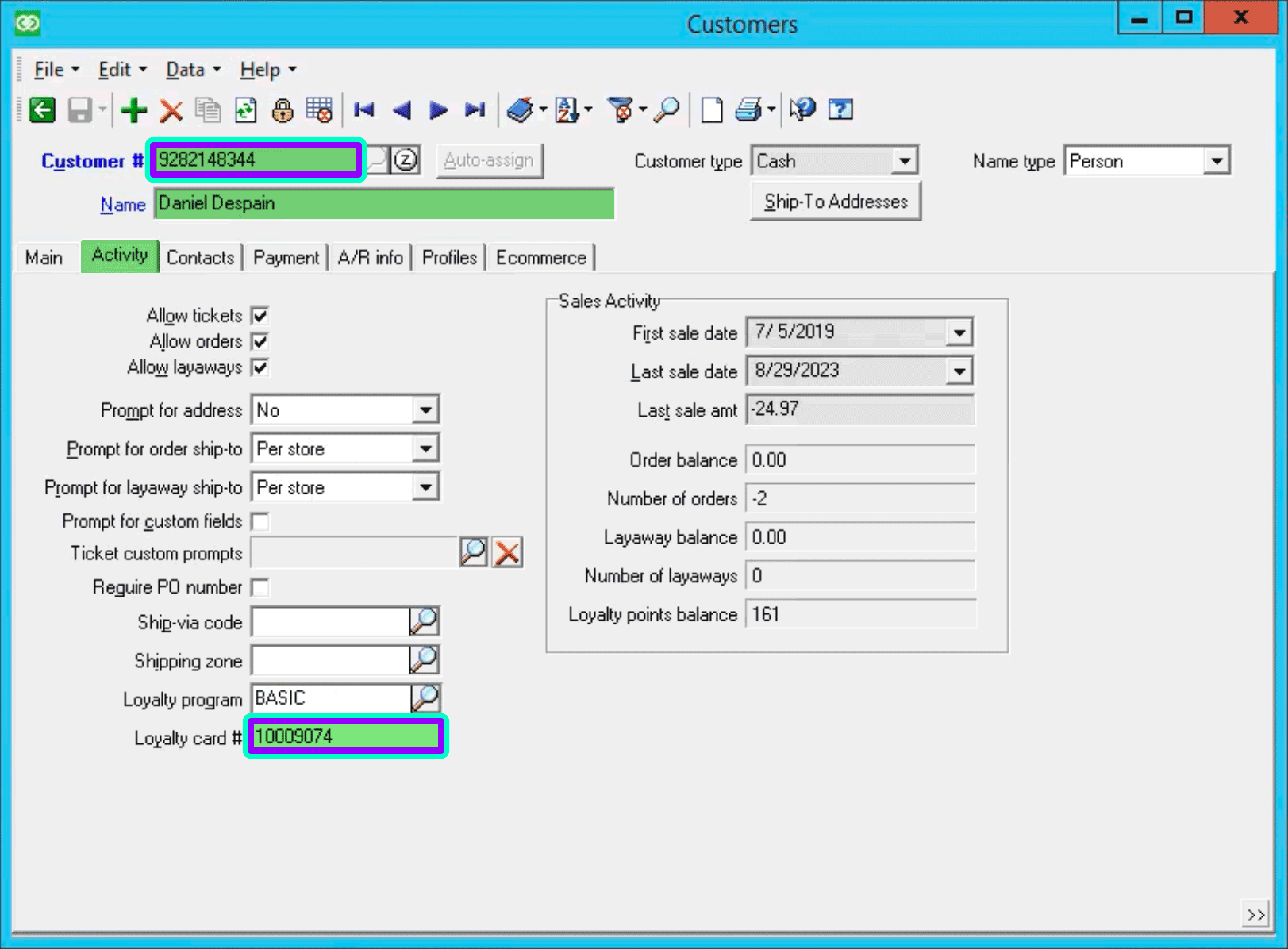Customer window: Activity tab