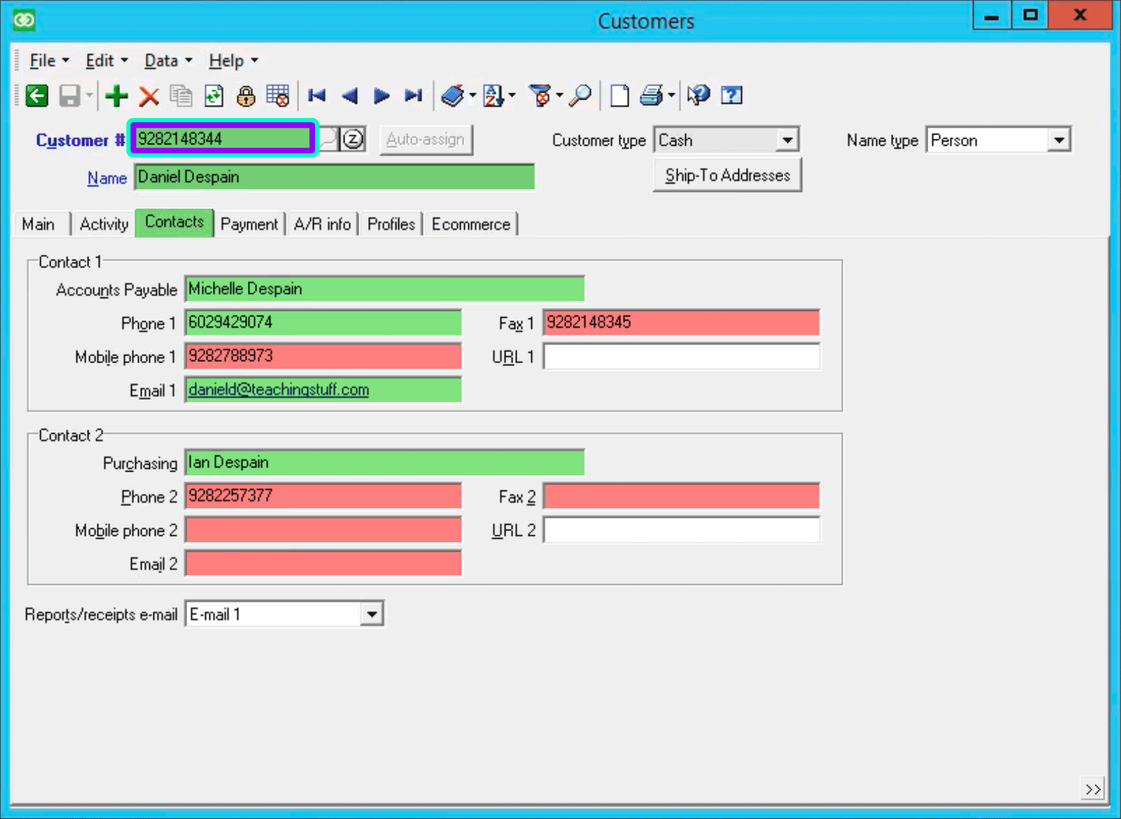 Customer window: Contacts tab