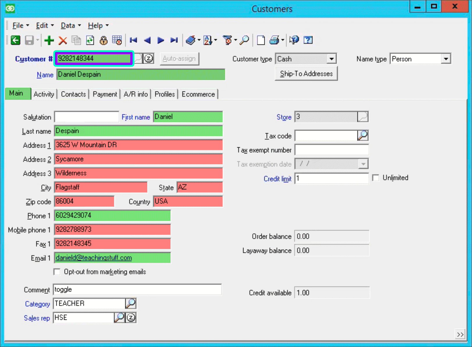 Customer window: Main tab